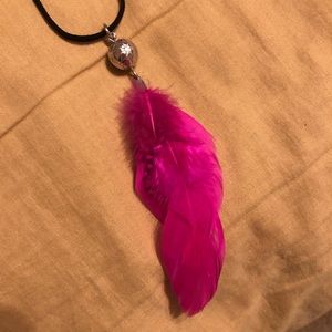 Silver ball/hot-pink feather necklace